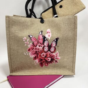 Πεταλούδες ροζ, Τσάντα από Λινάτσα με κουμπί